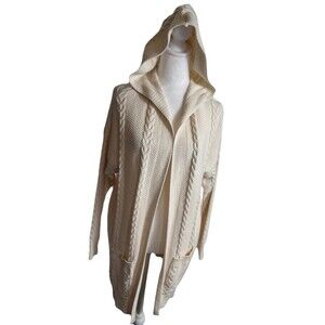 Cyrus Open Front Hooded Cable Knit Cardigan Sweater Cream Ivory Size XS Long